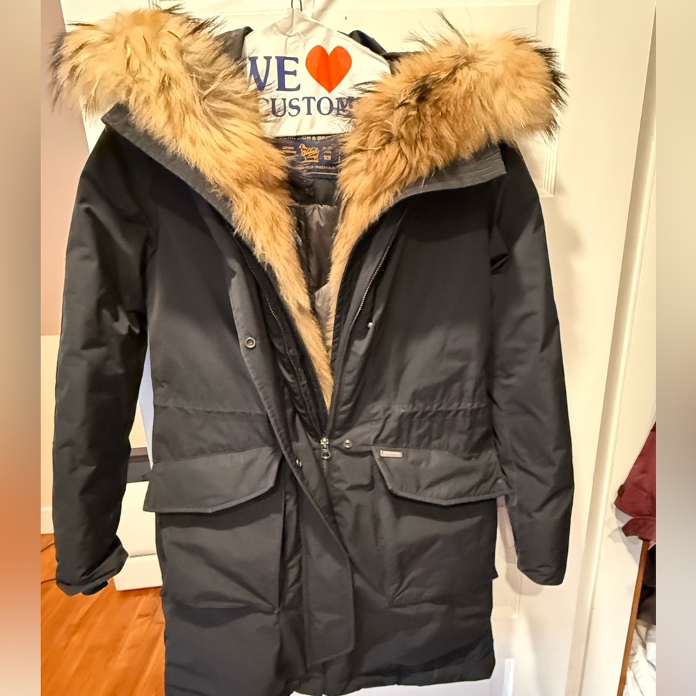 Woolrich Black Puffer Coat with Real Asiatic Raccoon Fur Trim and Duck Down Fill
